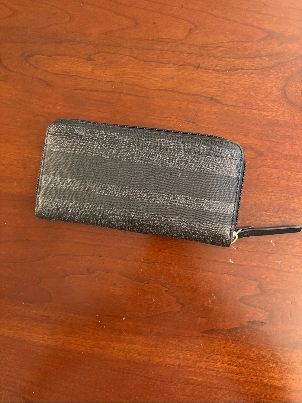 kate spade Black Striped Zip Wallet with Gold Logo